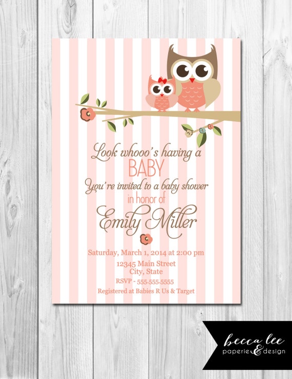 Look Whooo's Having a Baby Owl Baby Shower Invitation - Stripes - Peach and Brown - DIY - Printable Il_570xn