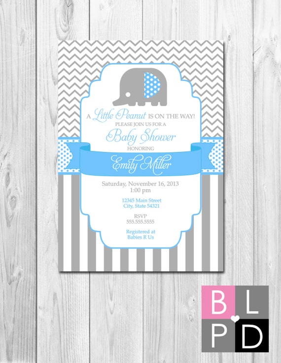 Elephant Baby Shower Invitation - Little Peanut - Blue White and Grey Patterns - DIY - Printable Il_570xn