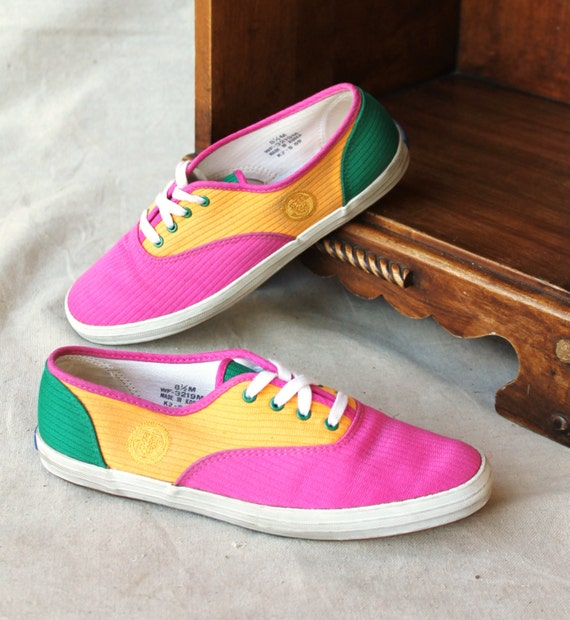 Bright Pink Yellow & Teal Green Tennis Shoe by by MovieStarMoon