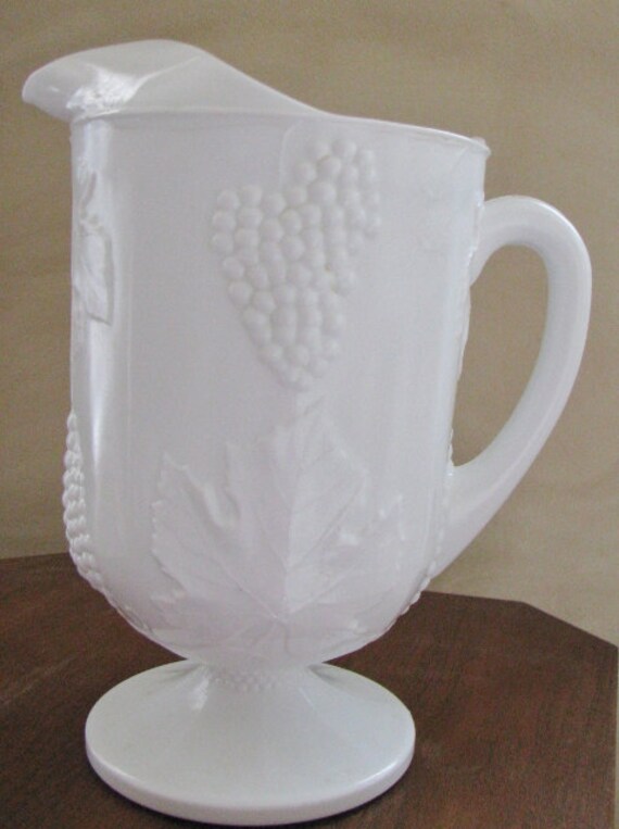 Large Milk Glass Pitcher 2 Quart Grapes Leaves Milkglass Heavy