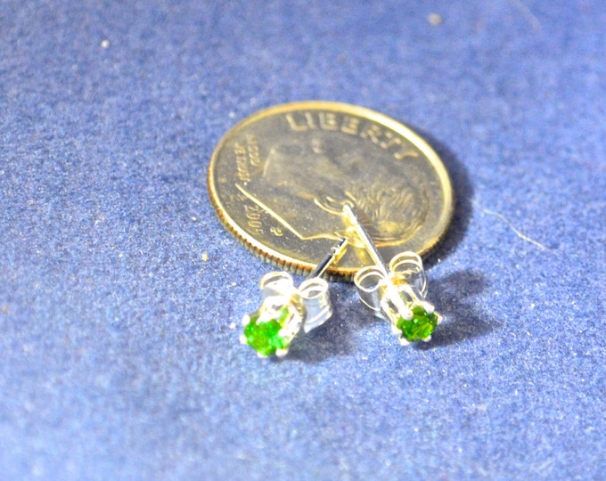 Chrome Diopside Earrings, Petite 3mm Round, Natural, Set in Sterling Silver E427