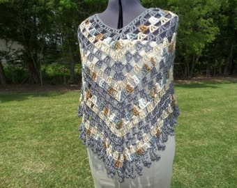 Grey Multicolored Crochet Poncho /with Fringe - Crochet Cover-up M113