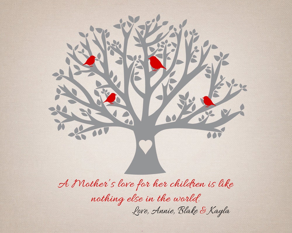 Family Tree Mothers Day Gift for Special Mom Art Print Tree with Birds Mom Quote Poem Gift from Kids