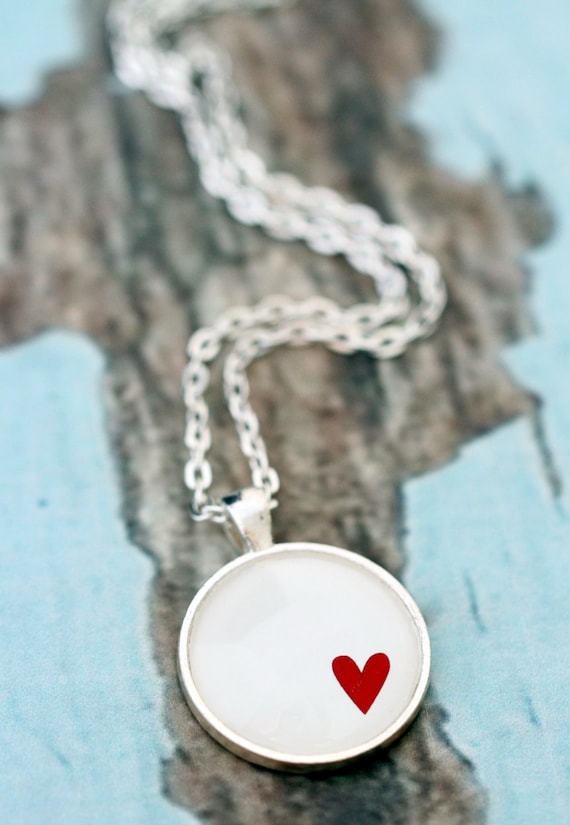 FREE SHIPPING Red Heart on White. Glass necklace in silver or bronze.