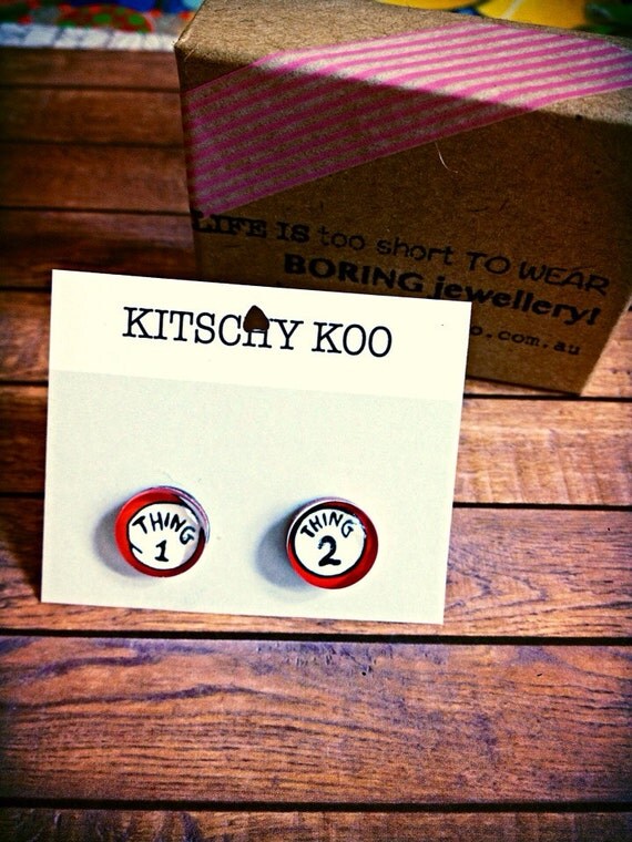 FREE SHIPPING - Mismatched Thing 1 Thing 2 Dr Seuss Earrings, unique kitsch hypoallergenic glass earring studs. Surgical steel nickel free