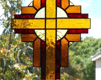 Stained Glass Cross Suncatcher, Amber #116