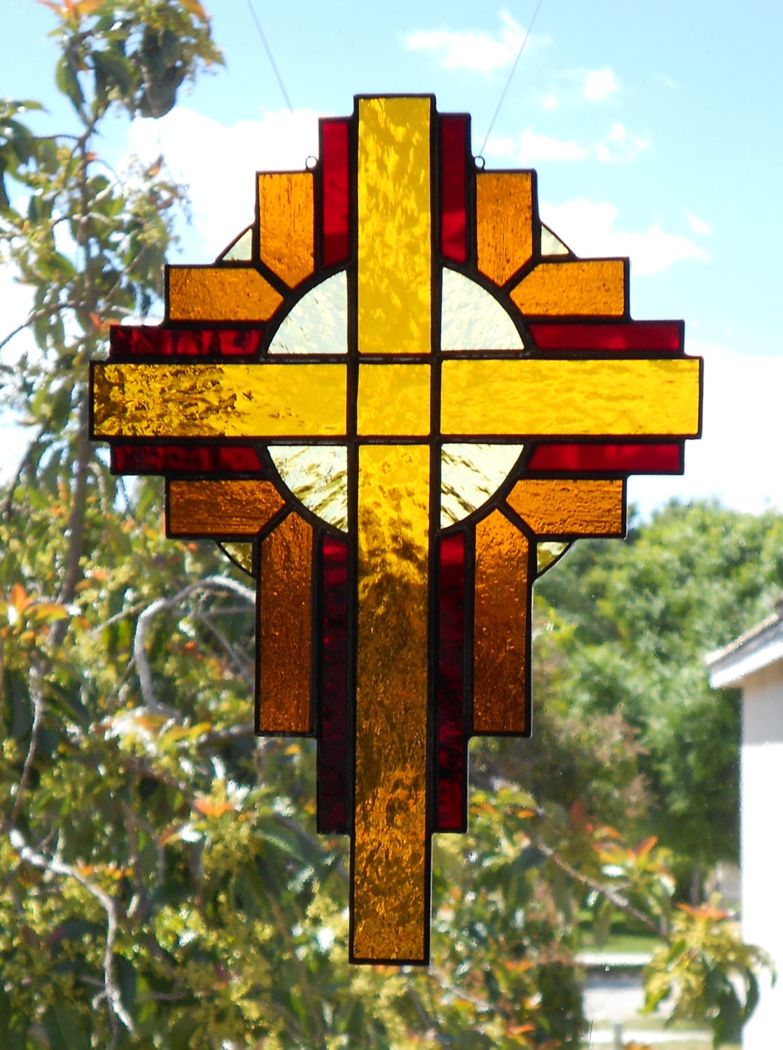 Stained Glass Cross Suncatcher Amber 116