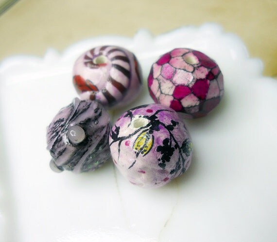 Polymer & Paper Clay Beads - 4 Rustic Glazed Fancy Pinks - Flowers, Faux Lampwork, Lilac Wash, Striped Sandworm - Millefiori - Chunky Clay