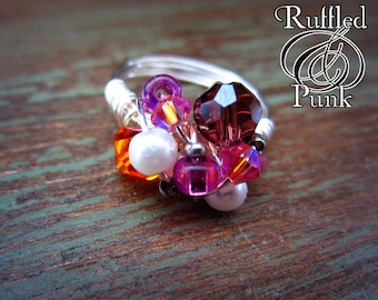 Wire wrapped Bauble, Bubble, Cluster Ring, Whimsical, Pearl, Crystal Jewelry, Teen, Women, PINK FIRE, RTS