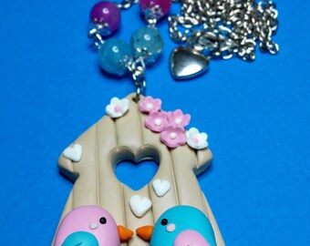 Birds with House Necklace - Handmade in Polymer Clay