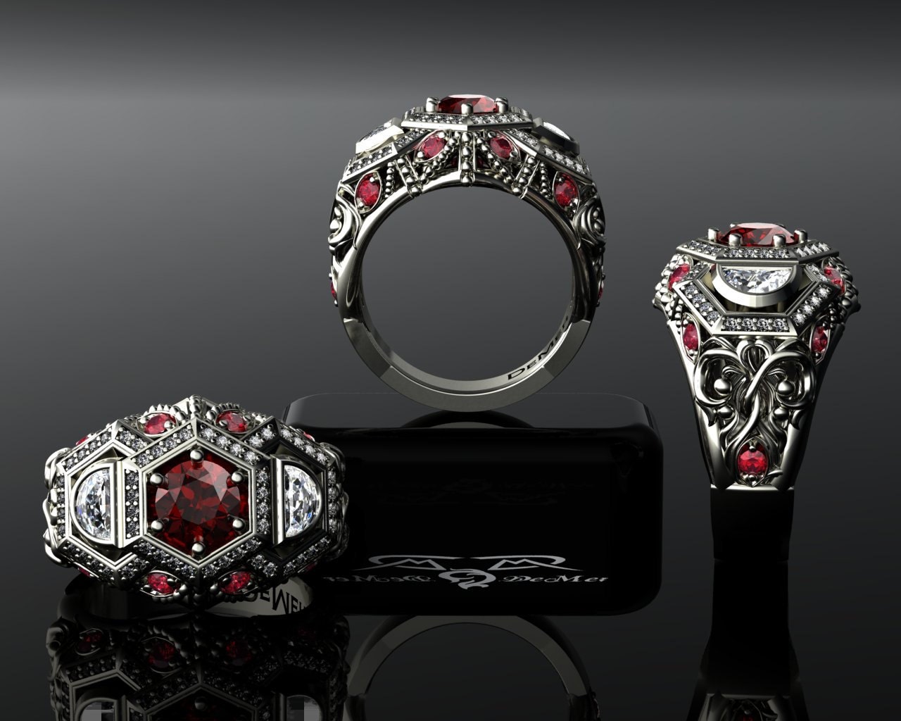 Estate style white gold & ruby diamond engagement ring