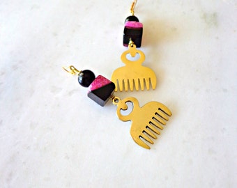 Comb Earrings, Solid Brass Duafe Agate Earrings, Pink and Black Dangle Earrings, Adinkra Symbol Earrings, Statement Dangle Earrings