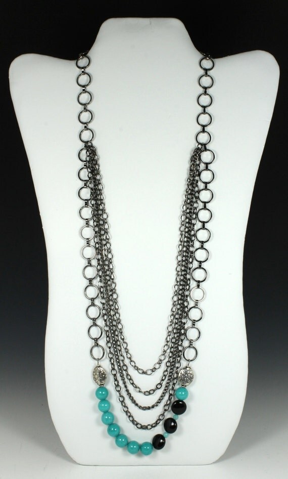 Multi-Strand Chain Necklace with Turquoise and Onyx, Chain Necklace, Onyx Necklace, Turquoise Necklace