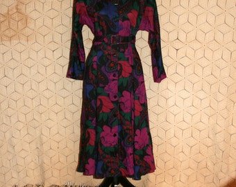 Vintage 70s Dress Purple Print Dress Fall Dress Wool Dress Long Sleeve ...