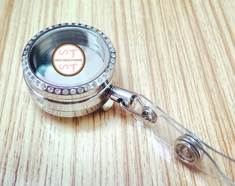 Badge Reel Charm Locket with BACK CLIP and Crystal Studded Top - Includes 1 Plate and 5 charms