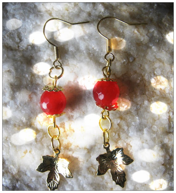 Handmade Gold Hook Earrings with Facetted Ruby & Leaf by IreneDesign2011