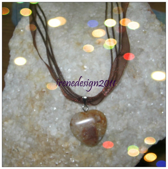 Handmade Brown Silk Necklace with Agate Heart, Adjustable by IreneDesign2011