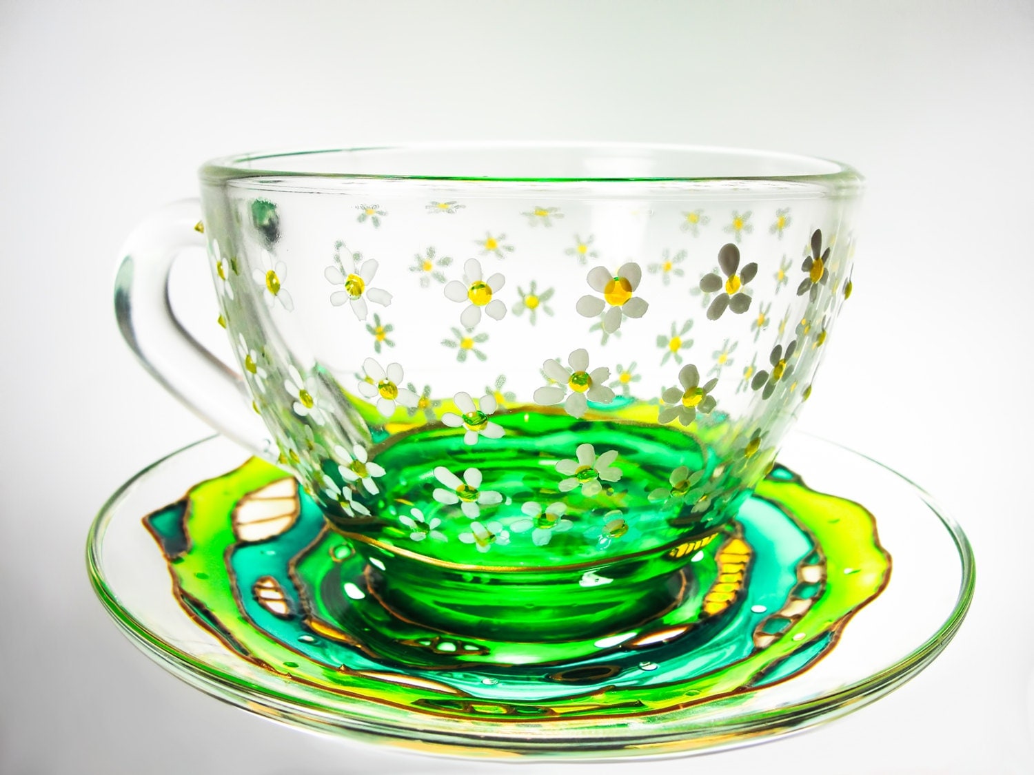 Hand Painted Tea Cup and Saucer Glass Cup Set White Daisy Tea