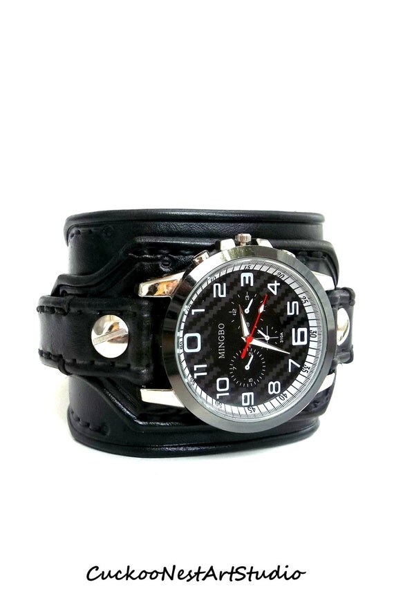 Black Wrist Watch Leather Men's watch Leather Cuff