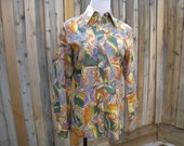 SALE // '70s Psychedelic Shirt / Top / Blouse - Long Sleeve Button Down Collar - Multicolor - Elles Belles - M - L / Medium - Large