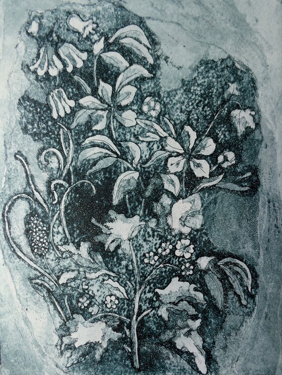 Tealblack and white etching aquatint printmaking with