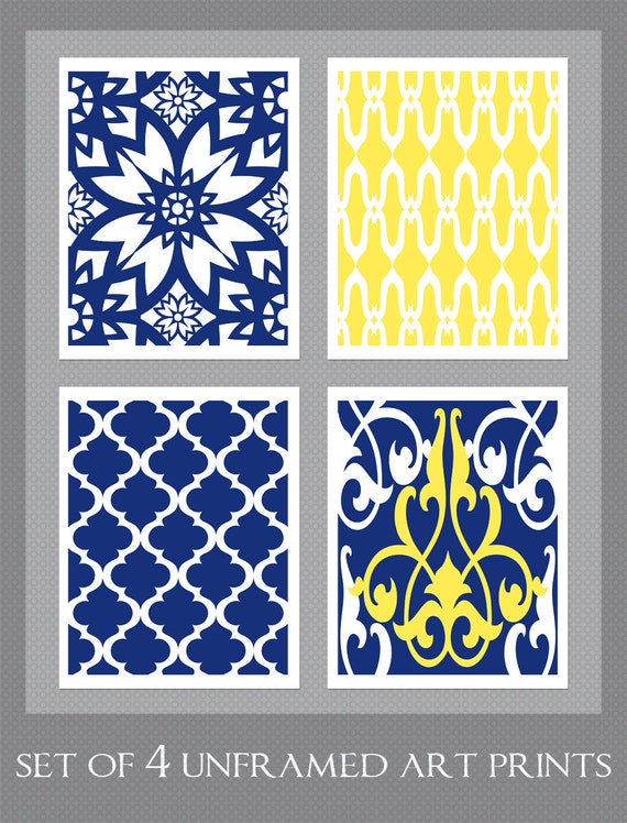 Items similar to Yellow Navy Blue Art, Yellow Blue Wall Art, Home Decor