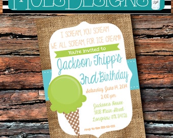 Any Color- ICE CREAM PARTY Baby Boys First Second Third Fourth Birthday Orange Green Teal Aqua Summer Snow Cone Party Swimming Invitation
