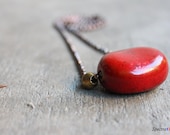 Antiqued Necklace - Reddish Brown Focal Bead - Spotted Porcelain Bead - Curved Puff Oval Bead - Earthy Brown - Scarlet Red