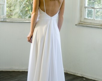Romantic White Chiffon Beach Wedding Dress, Low Back Wedding Dress White Wedding Dresses, Chapel Train Bridal Gown Custom Size 4-6-8-10