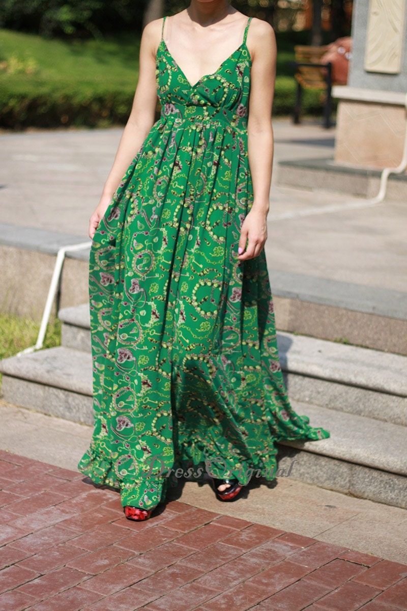 maxi dress Deep V Jade green chiffon dress Green dress Evening