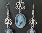 Black Agate Horse Cameo Jewelry Cameo Sterling Silver Jewelry Set - FireHorseArtJewelry