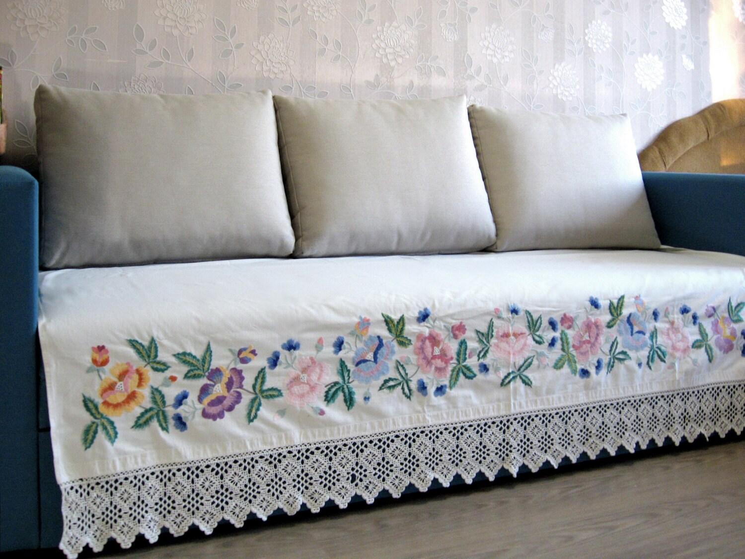 Handembroidered bedskirt/ antique by VintageofUkraine on Etsy