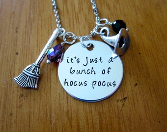 Hocus Pocus Inspired Halloween Necklace. It's just a bunch of Hocus Pocus. Swarovski Elements Crystal. Silver colored. Hand Stamped.