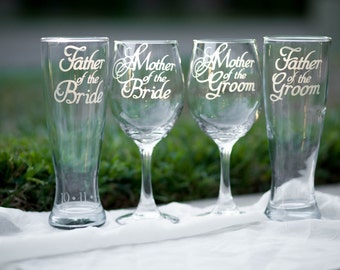 Mother of the Bride Glass, Mother of the Groom Glass, Father of the Bride Glass and Father of the Groom Glass, Hand Engraved Set of 4