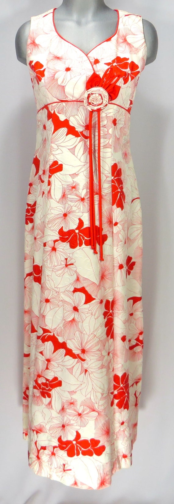 1970s Vintage Floral Tropical Hawaiian Empire Maxi Dress Gown Lee Stevens of Miami