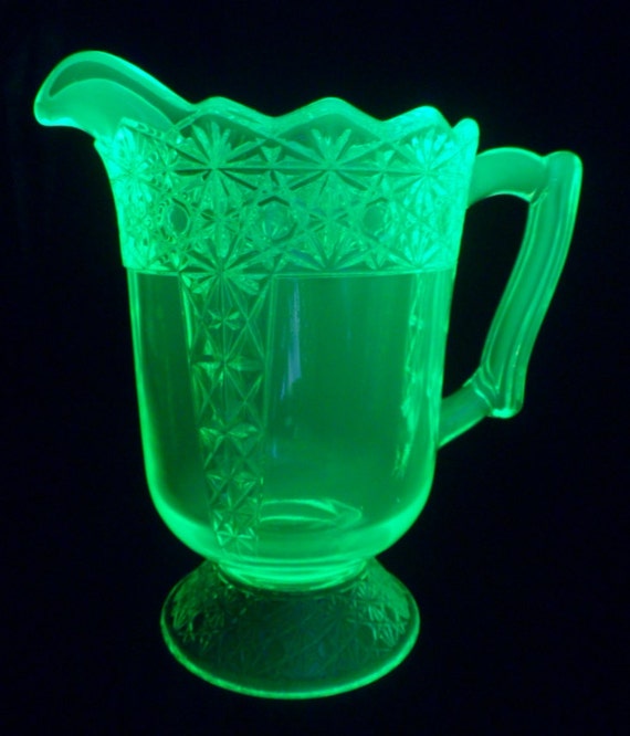 Large Pitcher Heavy Vaseline Glass Mosser by AntiqueCrystalGlass