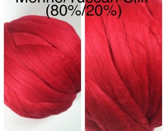 Red Merino Silk Roving / Dyed Merino Silk Top 80/20 / Dyed Merino Tussah Scarlet / 2oz 4oz 8oz