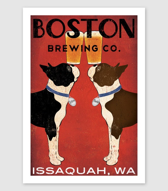 BOSTON Terrier FREE to Personalize -- Brown & Black  Brewing Co. Beer  ILLUSTRATION Print signed