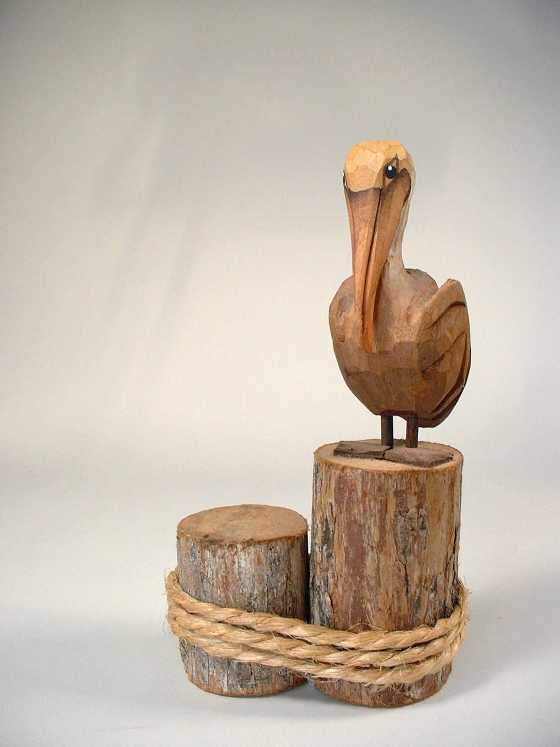 Vintage Pelican Figurine Carved Wood Pelican on Piling Folk