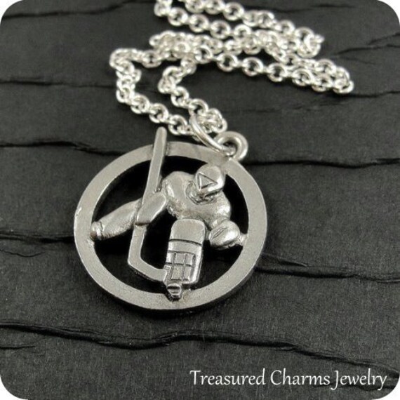 Hockey Player Necklace Silver Plated Hockey Charm on a Silver