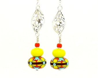 Southwestern Earrings, Bright Earrings, Lampwork Earrings, Glass Bead Earrings, Dangle Earrings, Glass Bead Earrings, Colorful Earrings