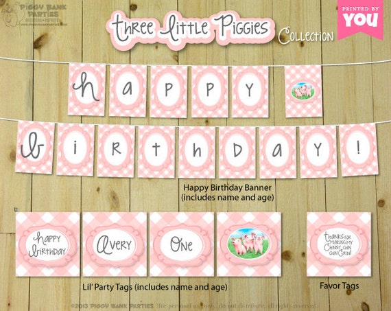 Three Little Piggies Collection : Print at HOME Party Decorations | Three Little Pigs Birthday | Gingham | DIY Printable | Digital Files Il_570xn