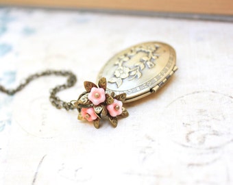 Flower Locket Necklace Pink Flower Charms Brass Jewelry Oval Photo Locket Pendant Necklace Vintage Style Nature Inspired Long Chain