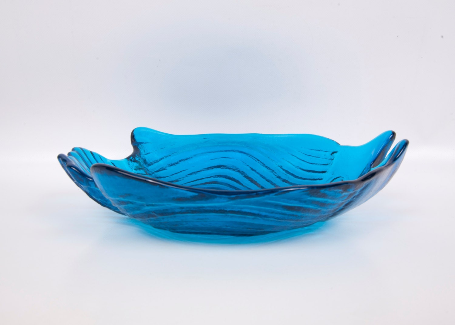 Vintage Blue Glass Bowl Fish Shape Art Glass Large Serving Bowl