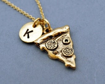 Pizza necklace, Pizza slice charm, pepperoni pizza, food charm, antique gold, initial necklace, initial hand stamped, personalized, monogram