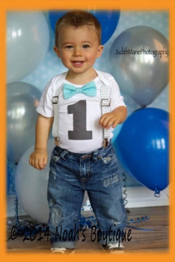 Boys First Birthday Outfit - Baby Boy Birthday Clothes - Grey Chevron Birthday Number Outfit - 1st Birthday - Aqua Grey - Cake Smash by NoahsBoytiques