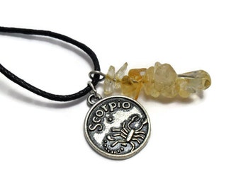 Scorpio charm necklace, citrine pendant , birthstone necklace, zodiac pendant, Constellation necklace, horoscope charm, stamped coin