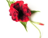 Felted brooch flower wool felt red green black floral flowers boho OOAK