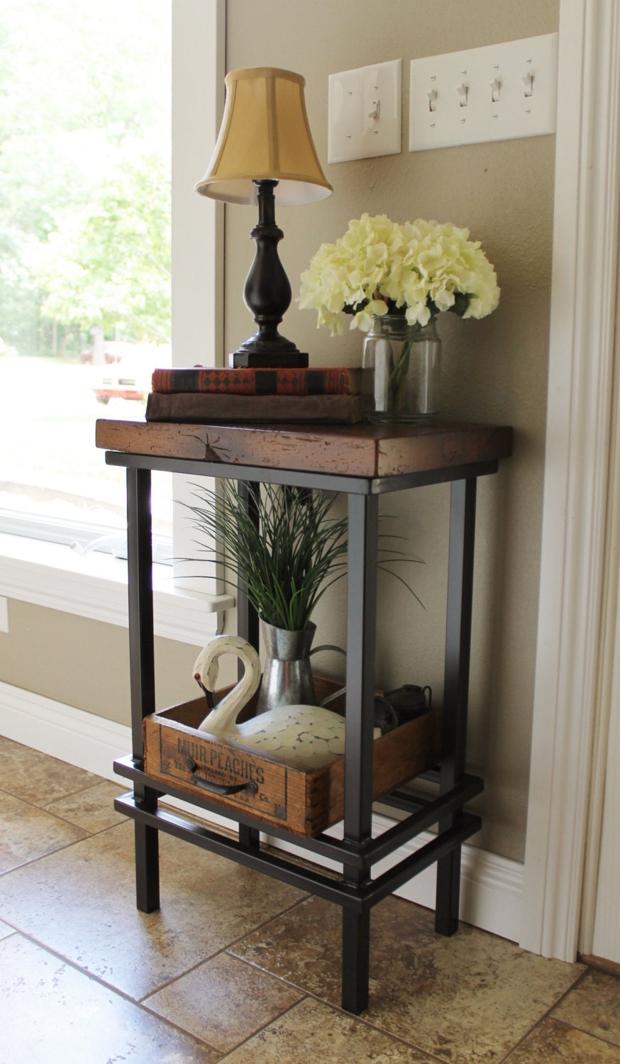 Metal / Industrial Side Table Rustic Reclaimed Barn Wood Top