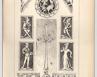 1885, Antique Print, Architectural Print, Medieval Ivory Carvings, Original Print